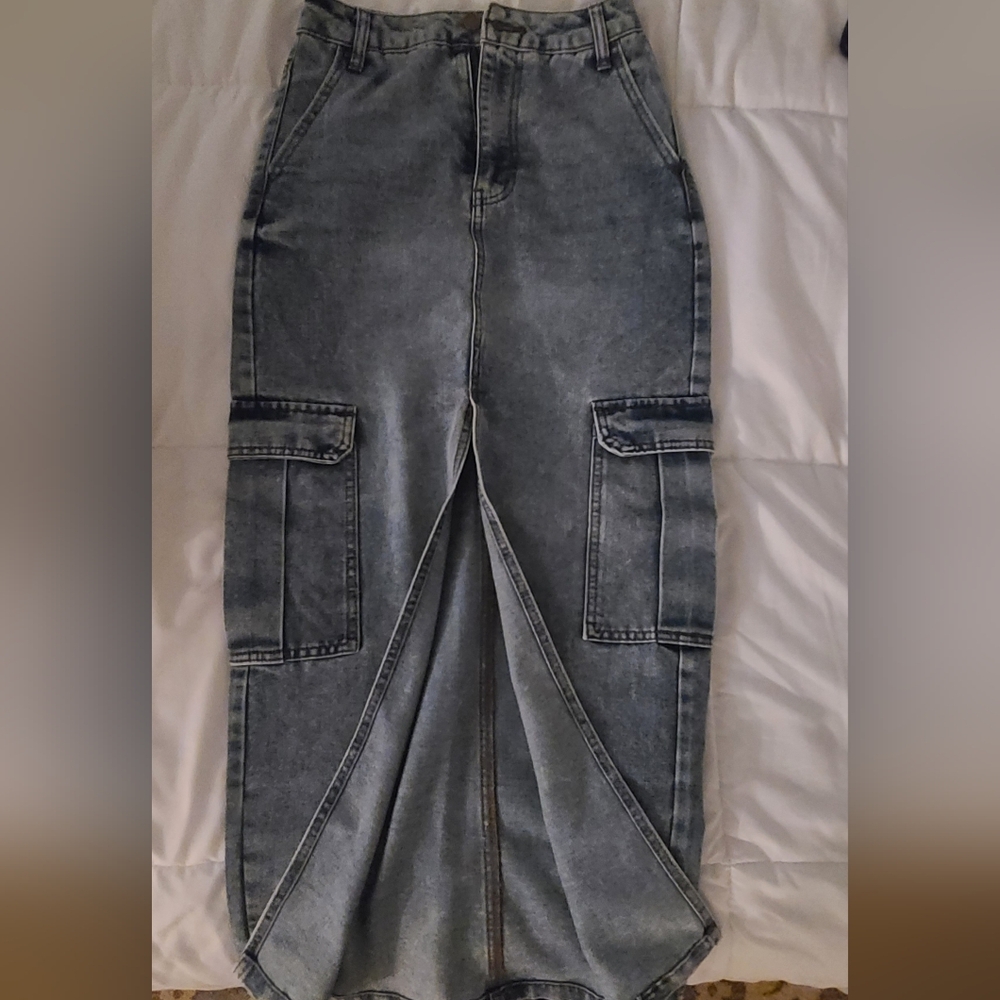 Love, Fire Blue Denim Cargo Maxi Skirt